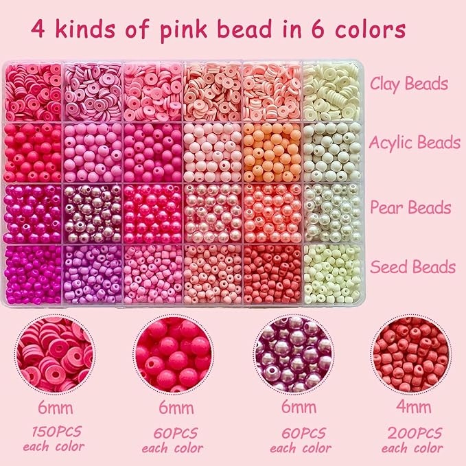 Pink Clay Beads for Bracelets Valentines Day Bracelets Making Kit Seed Beads Pearl Acrylic Glass Plastic Bead Friendship Bracelets Bead for Jewelry Making