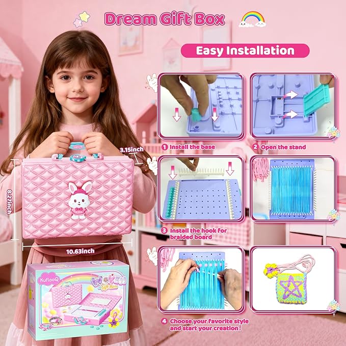 Weaving Loom Kit Toys & Friendship Bracelet Making Kit for Kids, Birthday Children's Day Gifts for Girls Ages 6 7 8-12, Potholder Coaster Rainbow Bands Weaving Kit, Creative DIY Arts and Craft Looms