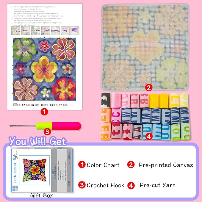 LAPATAIN Latch Hook Kits for DIY Throw Pillow Cover,Colorful Flowers Pattern Needlework Cushion Cover Hand Craft Crochet for Great Family 17x17inch