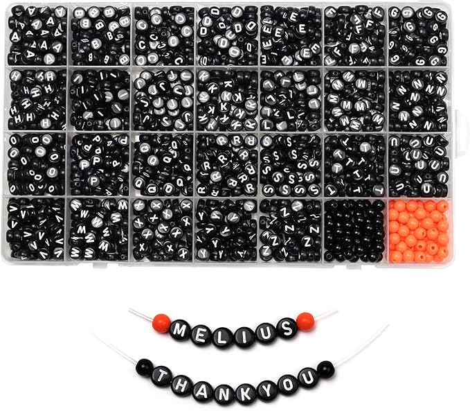 Melius Acrylic Black Letter Beads with Black and Orange Round Beads, 1450 Pcs Round Alphabet Beads in 28 Grid Box for Jewelry Making, DIY Friendship Bracelets, Necklaces, Key Chains