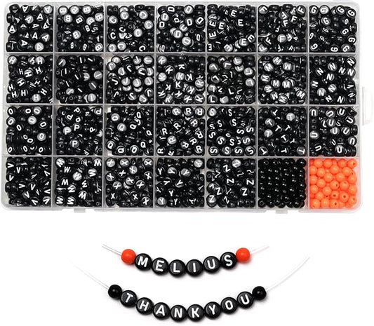 Melius Acrylic Black Letter Beads with Black and Orange Round Beads, 1450 Pcs Round Alphabet Beads in 28 Grid Box for Jewelry Making, DIY Friendship Bracelets, Necklaces, Key Chains