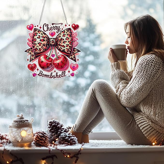 GHHKUD Cherry Bow Diamond Art Hanging Kit for Adults, DIY Double Sided Diamond Painting Hanging Valentines Kits Adults, Special Shaped Acrylic Ornaments Pendants for Window Home Garden Wall