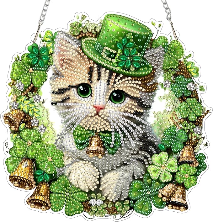 MXJSUA St. Patrick's Day Cat Diamond Art Hanging Kits for Adults Beginners, Crystal Diamond Suncatchers, Special Shape Diamond Painting Pendant Window Ornament Gifts for Home Garden Door Wall Decor