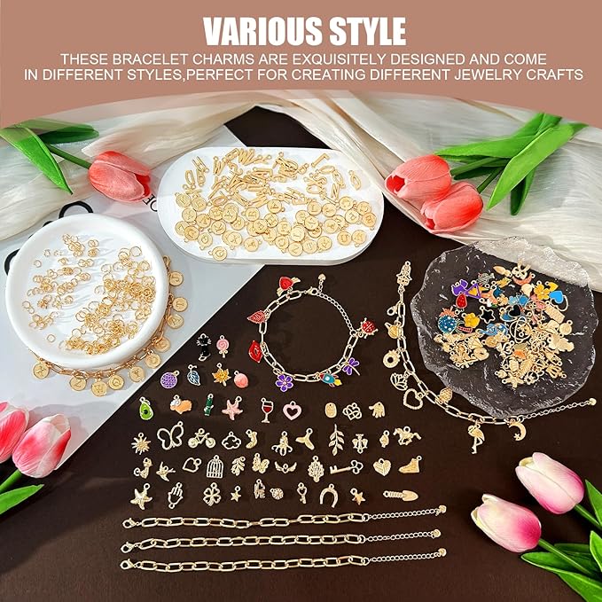 450 PCS Charm Bracelet Making Kit for Women, Jewelry Making Kit Including Paperclip Chain Bracelet, Assorted Charms Bulk, Letter Pendants, Jump Rings for Bracelet Making,DIY Crafts Supplies