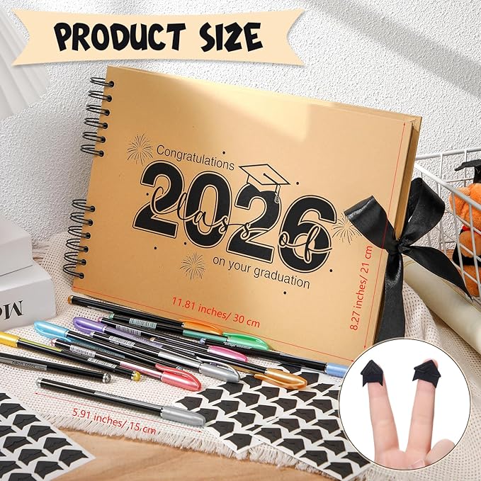 80 Pages Graduation Scrapbook Kit 11 x 8 Inch Photo Album of 2026 Graduation Decoration with 12 Metal Pens and 4 Sheets Stickers for DIY School Congrats Grad Memory Book to Sign(Brown)