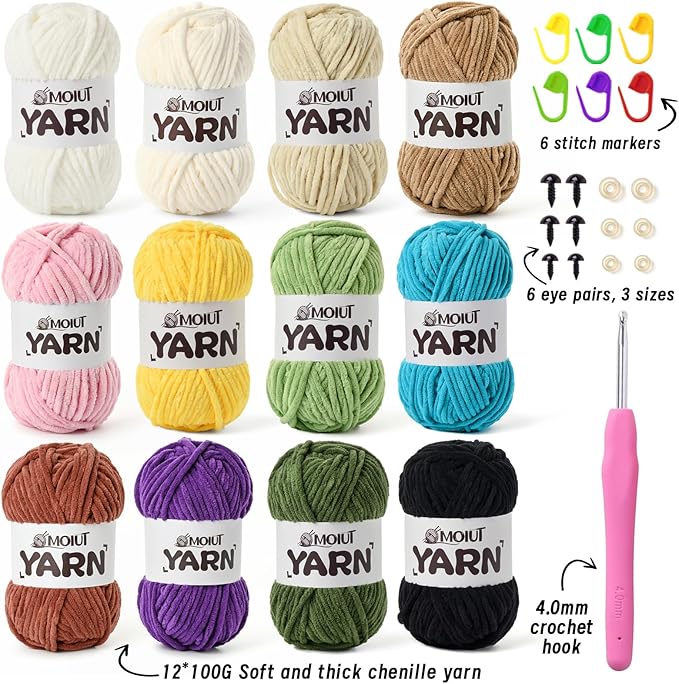 12 Pack Velvet Yarn for Knitting, Chunky Chenille Yarn for Crocheting, Baby Yarn for Crocheting Soft Blanket, Super Bulky 42.3oz(1049yds), Multicolor Amigurumi Yarns Set D