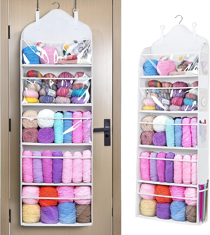 MYBAGZING Hanging Yarn Storage Organizer with Zipper Pockets, 5 Tiers Over the Door & Closet Yarn Holder, Large Crochet & Knitting Organizer with Side Pockets for Hooks, Needles & Accessories
