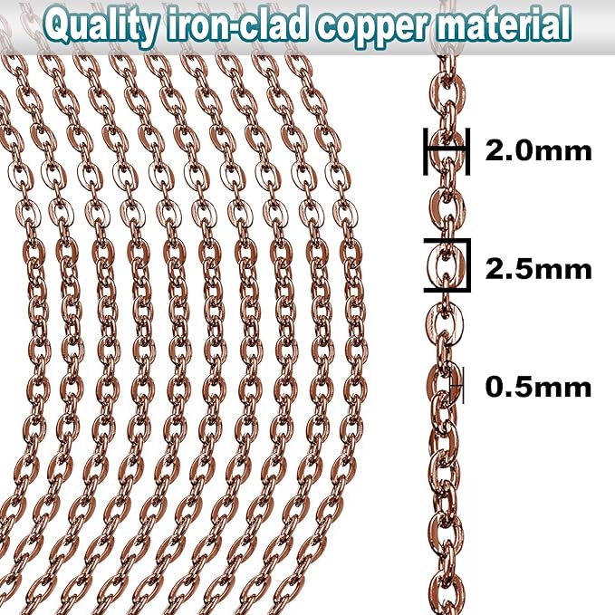 jishi 33ft link cable chain roll 2mm, red copper chain for jewelry making necklace earring bracelet diy craft jewelry making findings supplies, copper plated iron metal rolo necklace chain spool set