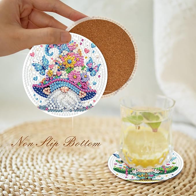 igoodom 8 Pcs Gnome Diamond Art Coasters Kit with Holder, DIY Gnome Diamond Painting Coasters for Beginners Adults, Non Slip Diamond Art Kits Craft Supplies 4x4inch