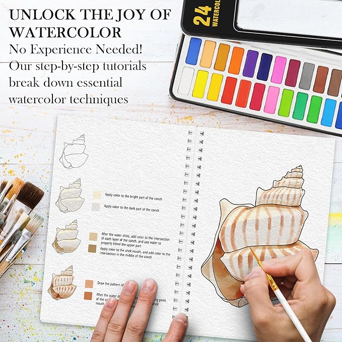 4Pcs Watercolor Workbook, Water Coloring Book with 48 Patterns, Beginner-Friendly Watercolor Workbooks with 24 Paint Colors & Brush, Water Color Workbook for Adults, Stress - Relieving Gift for Women