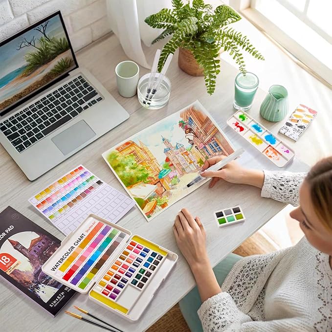 Watercolor Paint Set, Shuttle Art 48 Colors Watercolor Paint in Half Pans with 2 Water Brush Pens, 10 Paint Brushes, 1 Watercolor Pad, 1 Palette, 2 Color Charts, Watercolor Kit for KidsAdults, Artists