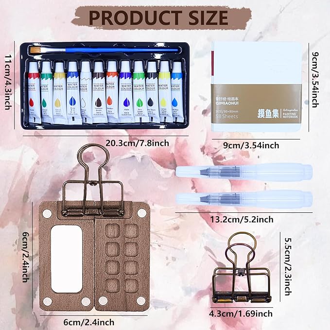 Mini Watercolor Travel Paint Set - Mini Paint Palette Travel Kit, Pocketartist Watercolor Set with Colours, Binder Clips, 3 Watercolor Pens, Brush for Painters Artists Student
