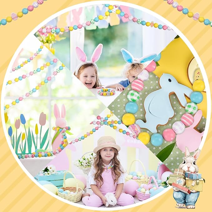 Chitidr 180 Pcs Easter Wooden Beads with Clear Box Bunny Egg Colorful Wood Beads Rabbits Chick Farmhouse Beads for Easter DIY Garland Crafts Party Decoration