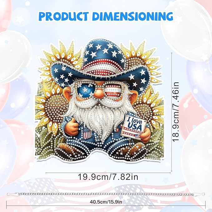 Bowetile Independence Day 5D Diamond Art Hanging Gnome Kits for Adults, 4th of July Diamond Painting Sunflowers Window Pendant Kits, Special Shape Gem Art Suncatcher Ornament for Home Wall Decor