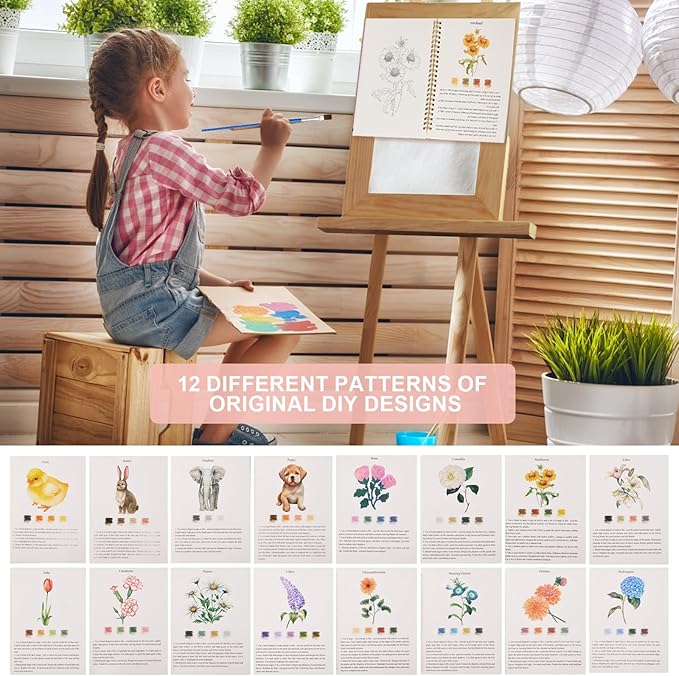 Watercolor Workbook, Water Coloring Book, 24 Colors Watercolor Paint Set with Palette and Brush, 12 Different Patterns of Original DIY Designs, Beginner-Friendly Watercolor Workbook (Flowers 2)