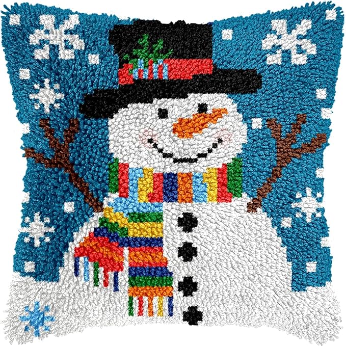 Cozykeke Snowman Latch Hook Kit,DIY Pillow Cover Cushion Craft Kits with Pre-Printed Canvas for Adults and Beginners, Suitable for Home Decor and Festival Gift 17 * 17in (BX51)