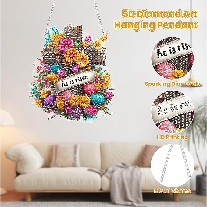 MOGTAA Easter Cross Diamond Art Hanging Kits for Adults Beginners, Easter Egg Diamond Art Suncatchers, 5D Special Shape Flowers Diamond Painting Window Pendant Kit for Home Garden Wall Decor