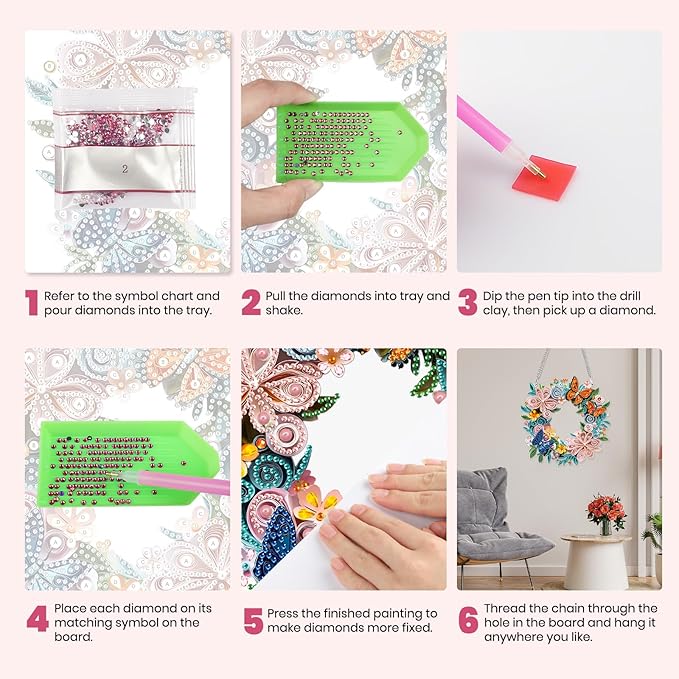 MXJSUA Special Shaped Hanging Diamond Painting Art Kits for Adults, Flower Butterfly Wreath 3D Crystal Rhinestone Acrylic Gem Art Pendant Ornaments Kit for Home Decoration and Gift