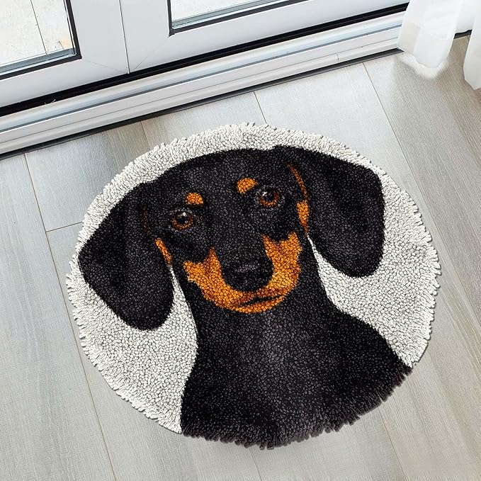 Latch Hook Rug Kit Black Dachshund Dog Stamped Handmade Round Shape Carpet Crochet Yarn Craft DIY Hook and Latch Door Mat Tapestry for Home Floor Decor 50x50cm(2)