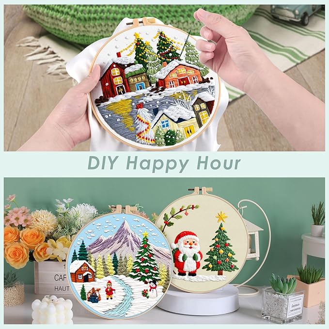 ERKOON Embroidery Kit for Beginners, 5 Sets Christmas Cross Stitch Set for Adults Include Embroidery Cloth Hoops Threads for Craft Lover Hand Stitch with Skill Techniques (Christmas#1)