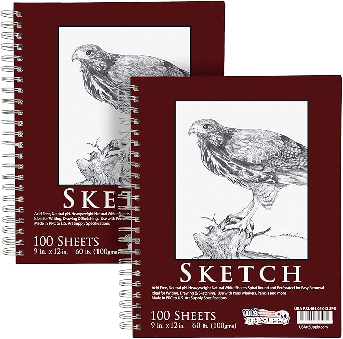 u.s. art supply 9"x12" sketch book pad, 2 pack (100 sheets each), 60lb (100gsm) spiral bound - sketching, drawing pad, acid-free paper - sketch pads for adults, students: colored pencils, charcoal