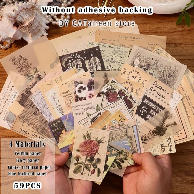 CATaireen Vintage Junk-Journal Mixed Paper Scrapbooking Embellishments Set Retro Journaling Decoupage Stickers Textured Packaging Decorative Cards Tags Kit (Poster B)