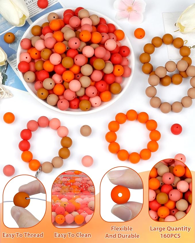 160pcs fiveizero 12mm silicone beads for keychain making, orange mixed 6 colors round silicone beads bulk for pens, rubber for bracelets and diy crafts