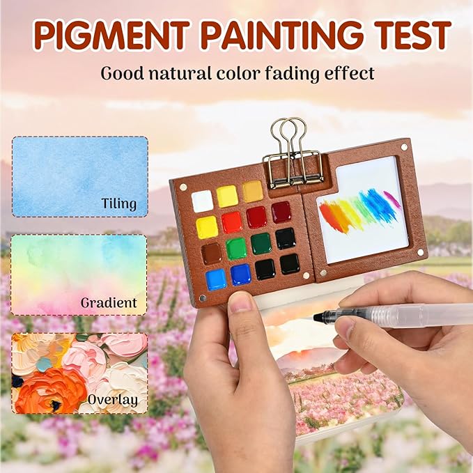 Mini Watercolor Paint Set,Portable mini Travel Watercolor kit, Pocket Watercolor Set with Paint,Art Supplies, for Artists, Amateur Hobbyists and Painting Lovers(12 Colors 15 Grids)