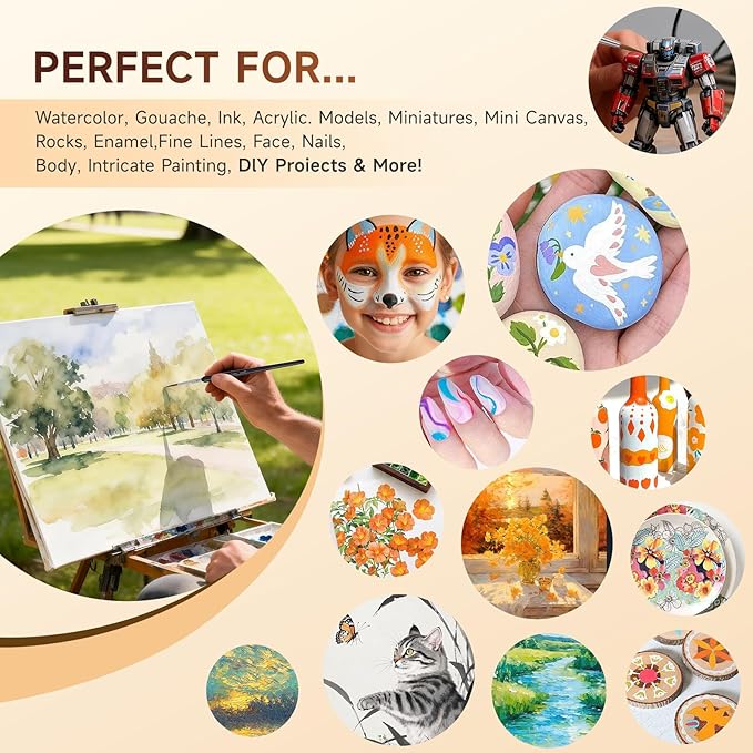Professional Sable Hair Detail Paint Brush Set - 6 Miniature Art Brushes for Fine Detailing & Art Painting - Acrylic, Watercolor, Oil - Miniatures, Models, Black