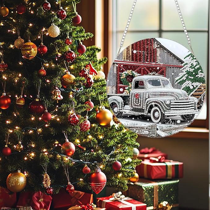 SENQAO Christmas Diamond Art Hanging Kits for Adults Kids, Farmhouse Truck Diamond Art Suncatchers, 5D Special Shape Diamond Painting Pendant Window Ornament Gifts for Home Door Wall Decor