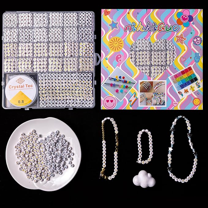 nikkiGuo 1250 PCS Letter Beads Kit with Elastic Cord – Alphabet A–Z, Numbers, Heart, Moon, Star, Smiley Beads for Friendship Bracelets & DIY Jewelry (White Beats & Black/Golden Letters)