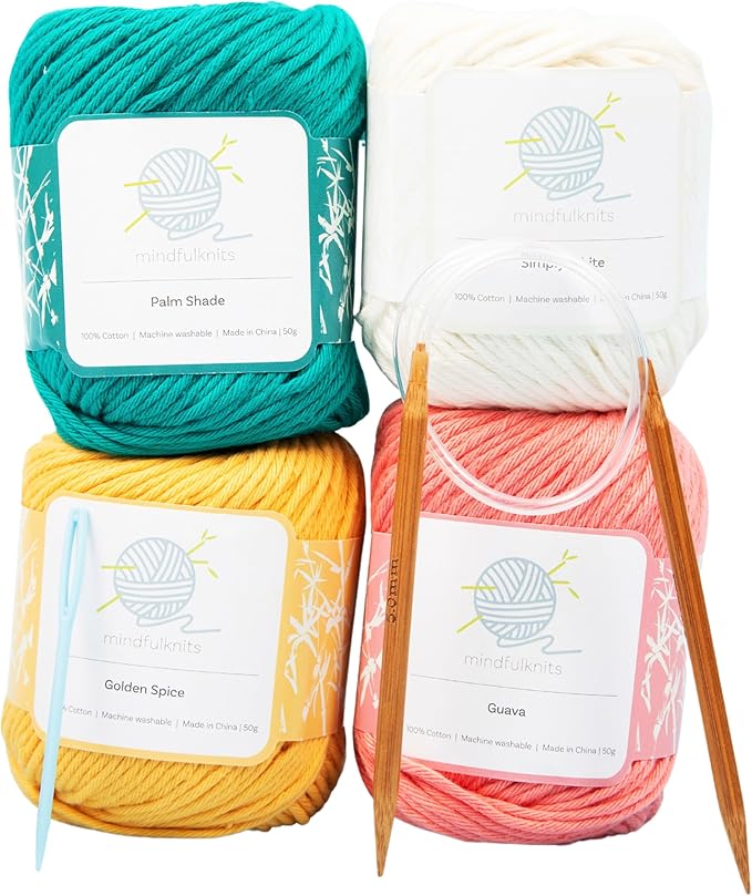 mindfulknits Knitting Starter Kit for Beginners with Knitting Needles, Yarn Needle & 100% Cotton Knitting Yarn (4) – Make Washcloths- Tropical Knitting Kit for Kids Relaxation & Stress Relief