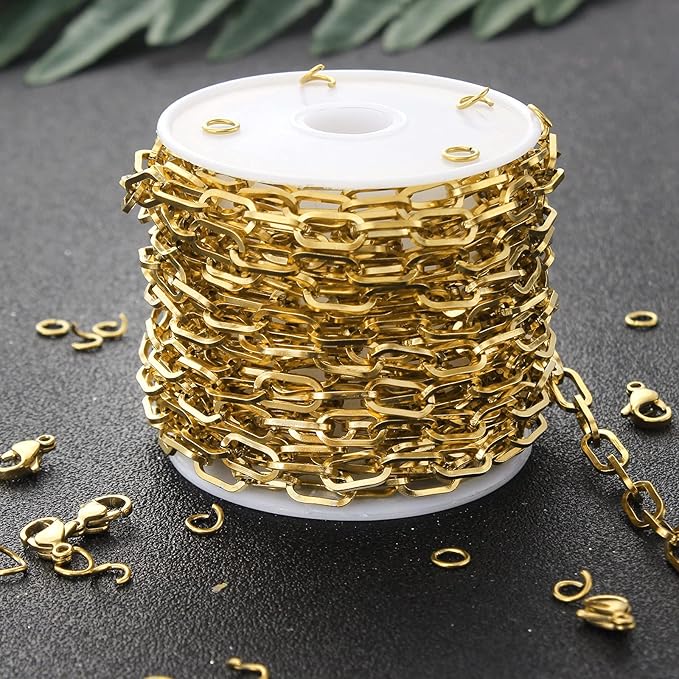 16.4 Feet Gold Plated Stainless Steel Chain Bulk Flat Paperclip Link Chains 5x10mm Jewelry Chain Roll with Jump Rings Lobster Clasps Oval Cable Chains for DIY Jewelry Making