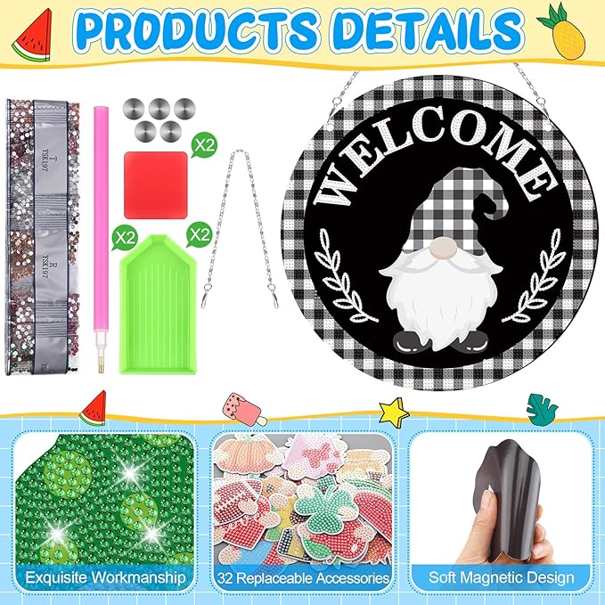 33 Pcs Magnetic Diamond Art Set Interchangeable DIY Gnome Diamond Painting Decor Detachable Welcome Sign Seasonal Door Hanger Gnome Party Decorations Gift for Home Wall Front Door(Cute)