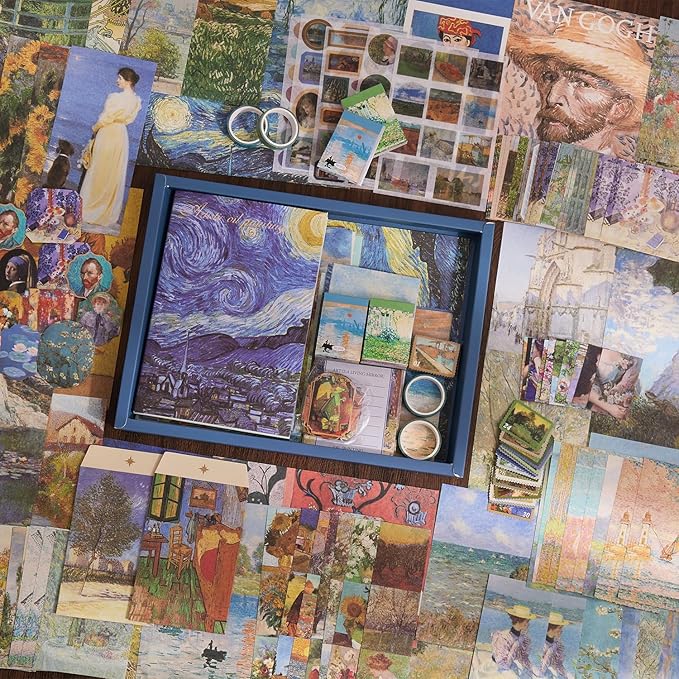 Scrapbooking Supplies Kit Plus 480Pcs, Vintage Van Gogh Oil Painting Aesthetic Scrapbook Kit for Bullet Junk Journal, DIY Journaling Supplies, Stationery, A5 Grid Notebook, Craft Gift Kid Girl