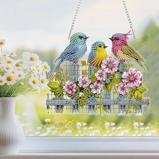 Hanging Diamond Art Kit for Adult, Adorable Bird, 5D Special Shaped Rhinestone Diamond Painting Ornament, Flower and Bird, DIY Acrylic Diamond Art Painting Window Pendants Home Garden Wall Decor