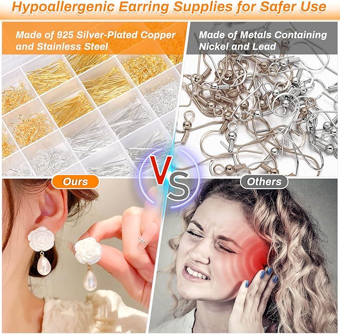 Modacraft 2000Pcs Earring Making Supplies Kit - Hypoallergenic, Includes Hooks, Findings, Posts, Backs, Pins, Jump Rings for Jewelry Making