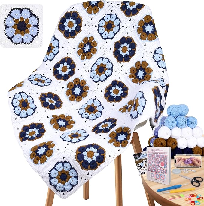 Coopay Crochet Blanket Kit for Beginners, All-in-One Granny Square Blanket Kit with Step-by-Step Video & Enough Yarns - Master Granny Square Crocheting Easily, Ideal Gift for Craft Lovers (Mocha Blue)