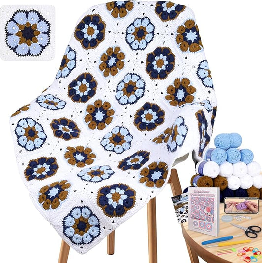 Coopay Crochet Blanket Kit for Beginners, All-in-One Granny Square Blanket Kit with Step-by-Step Video & Enough Yarns - Master Granny Square Crocheting Easily, Ideal Gift for Craft Lovers (Mocha Blue)