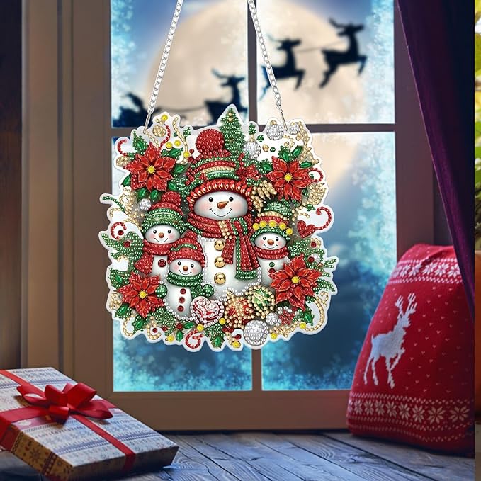 Bowetile Christmas Diamond Art Hanging Kits for Adults, Diamond Art Suncatchers Snowman, 5D Special Shape Diamond Painting Pendant Window Ornament Christmas Gifts for Home Door Wall Decor