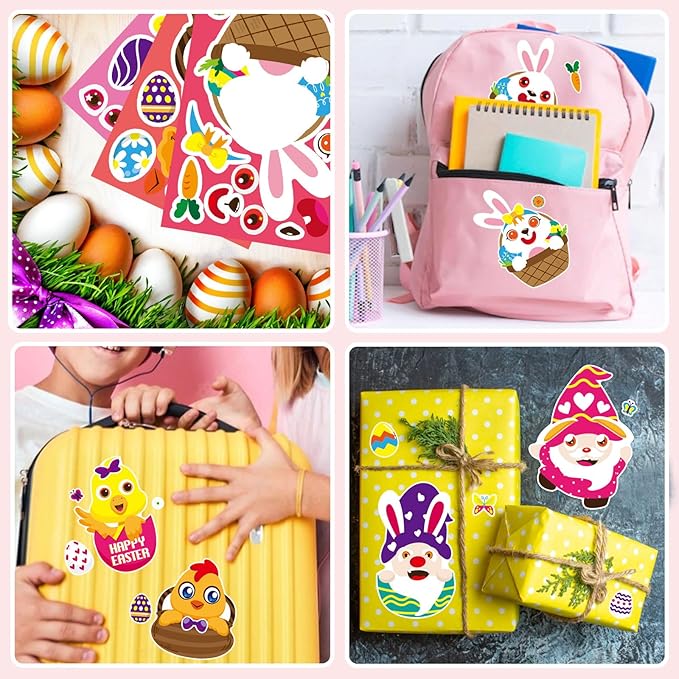 24 sheets easter make-a-face stickers for kids, make your own easter sticker for boys girls, easter eggs bunny chick farm animal lamb face stickers for family schools classroom party favor supplies