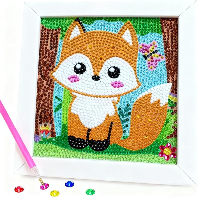 QEUOYSS Diamond Art Kit for Kids with Wooden Frame Art and Crafts for Kids Ages 6-8 -10-12 Easy to DIY Diamond Art for Kid and Adult Beginners Home Wall Decoration (foxa)