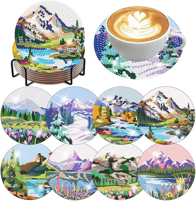 igoodom 8 Pcs Diamond Art Coasters Kit with Holder, DIY Landscape Diamond Painting Coasters for Beginners Adults, Non Slip Diamond Art Kits Craft Supplies 4x4inch