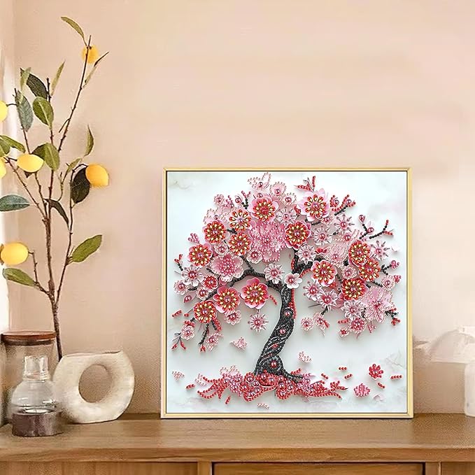 LazyFold Diamond Painting Art Kit, DIY Sakura Tree 5D Special Shape Crystal Diamond Partial Diamond Painting Mosaic Making Craft, Suitable for Home Wall Decor Art Gift(12x12in)