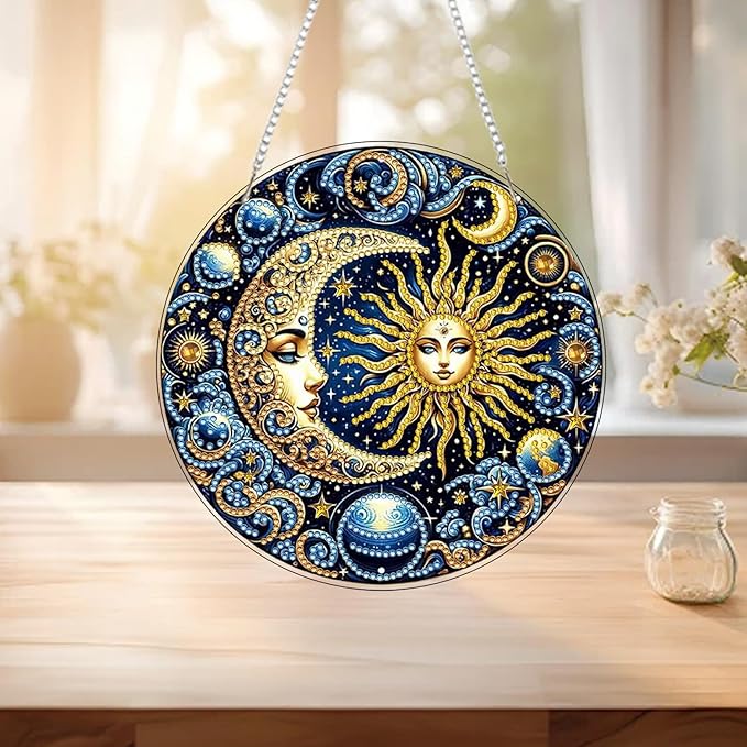 RYMILIE Sun and Moon Diamond Art Hanging Kit for Adult,Special Shaped Rhinestone,Double Sided 5D DIY Acrylic Diamond Art Painting Window Pendants Home Garden Wall Hanging Kits Hanging Ornament