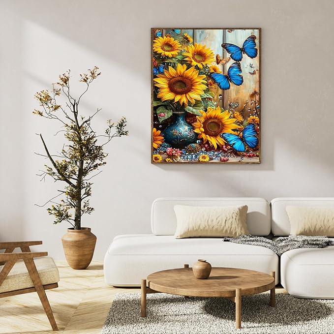 Paint by Numbers Kit for Adults Beginner Sunflower, Butterfly Adult Paint by Number Kits on Canvas, Flower DIY Acrylic Oil Painting by Numbers for Adults, Perfect for Home Wall Decor 16X20 Inch