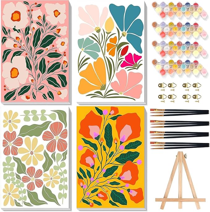 4 Pack Paint by Numbers for Adults with Framed Canvas - with Wooden Easel, Easy Flower Paint by Number for Beginners, Flowers Acrylic Oil Painting on Canvas with Brushes for Home Wall Decor 8x12 inch