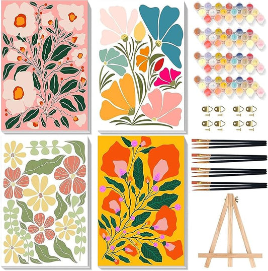 4 Pack Paint by Numbers for Adults with Framed Canvas - with Wooden Easel, Easy Flower Paint by Number for Beginners, Flowers Acrylic Oil Painting on Canvas with Brushes for Home Wall Decor 8x12 inch