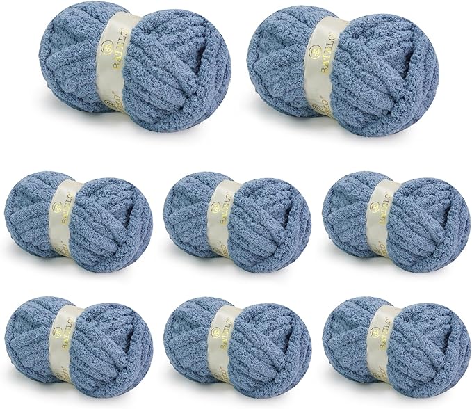 Chunky Yarn for Hand Knitting, Chunky Chenille Blanket Yarn for Crocheting, Bulky Soft Fluffy Chenille for Blanket Project, 8 Pack of 8oz/25yds, Fog Blue