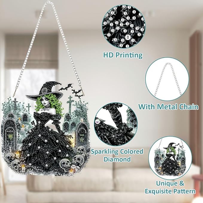 SENQAO Witch Diamond Art Hanging Kits for Adults Beginners, DIY Acrylic 5D Special Shaped Crystal Diamond Gem Art Painting Hanging Ornament for Home Wall Decor and Gift（Halloween Skull）